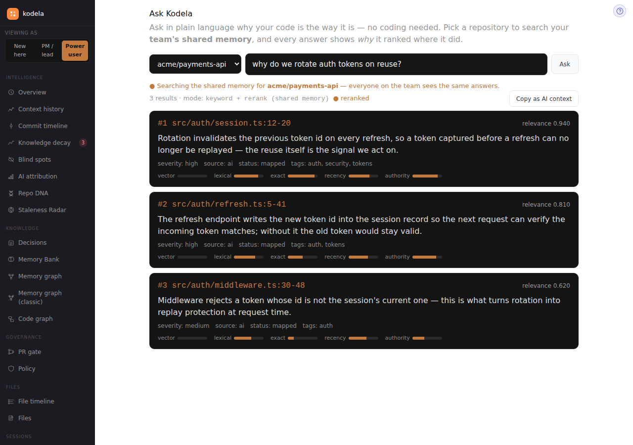 Ask Kodela — pick a repository's shared memory, ask in plain language, and get reranked answers with the recorded reasoning, relevance scores, and ranking signals — the same answer for everyone on the team