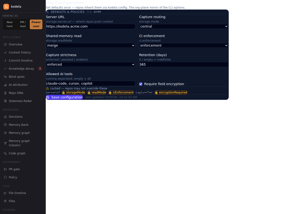 Org Configuration — read mode, storage mode, CI enforcement, allowed AI tools, encryption, and retention managed centrally, with the policies your security team locks marked non-overridable