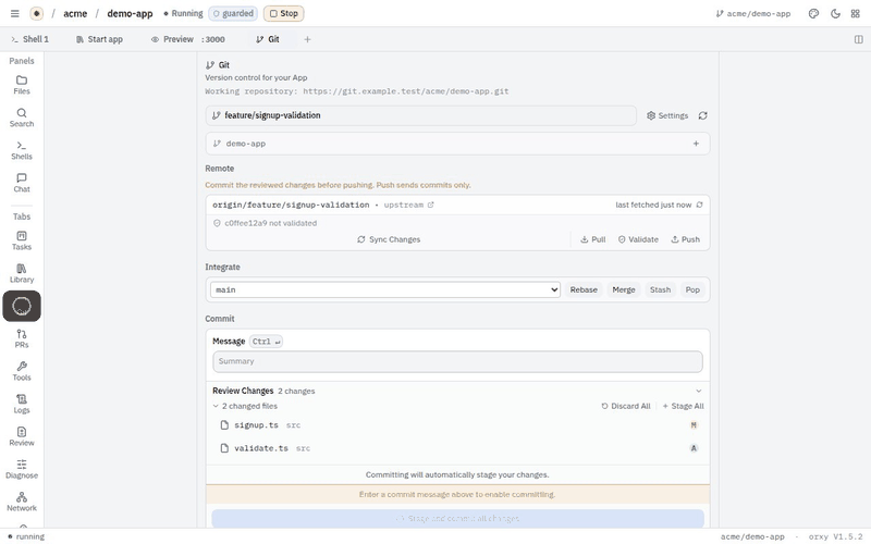 The Git panel commits, validates and pushes; the result names the author.